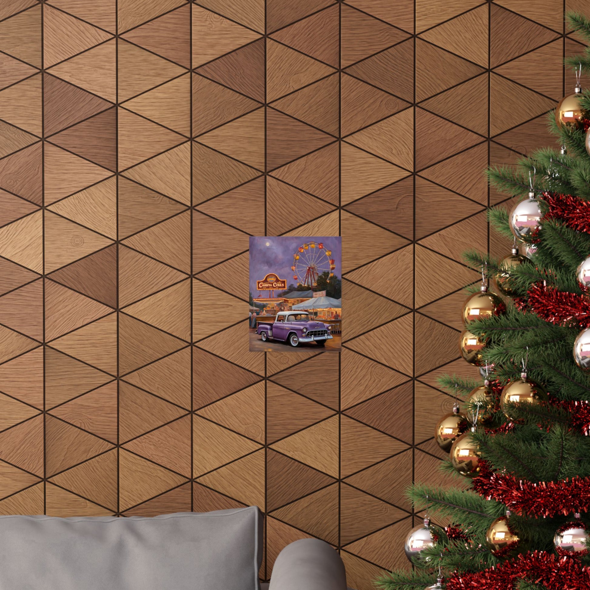 Vintage Carnival Poster displayed on a wall with geometric wooden patterns and a Christmas tree nearby