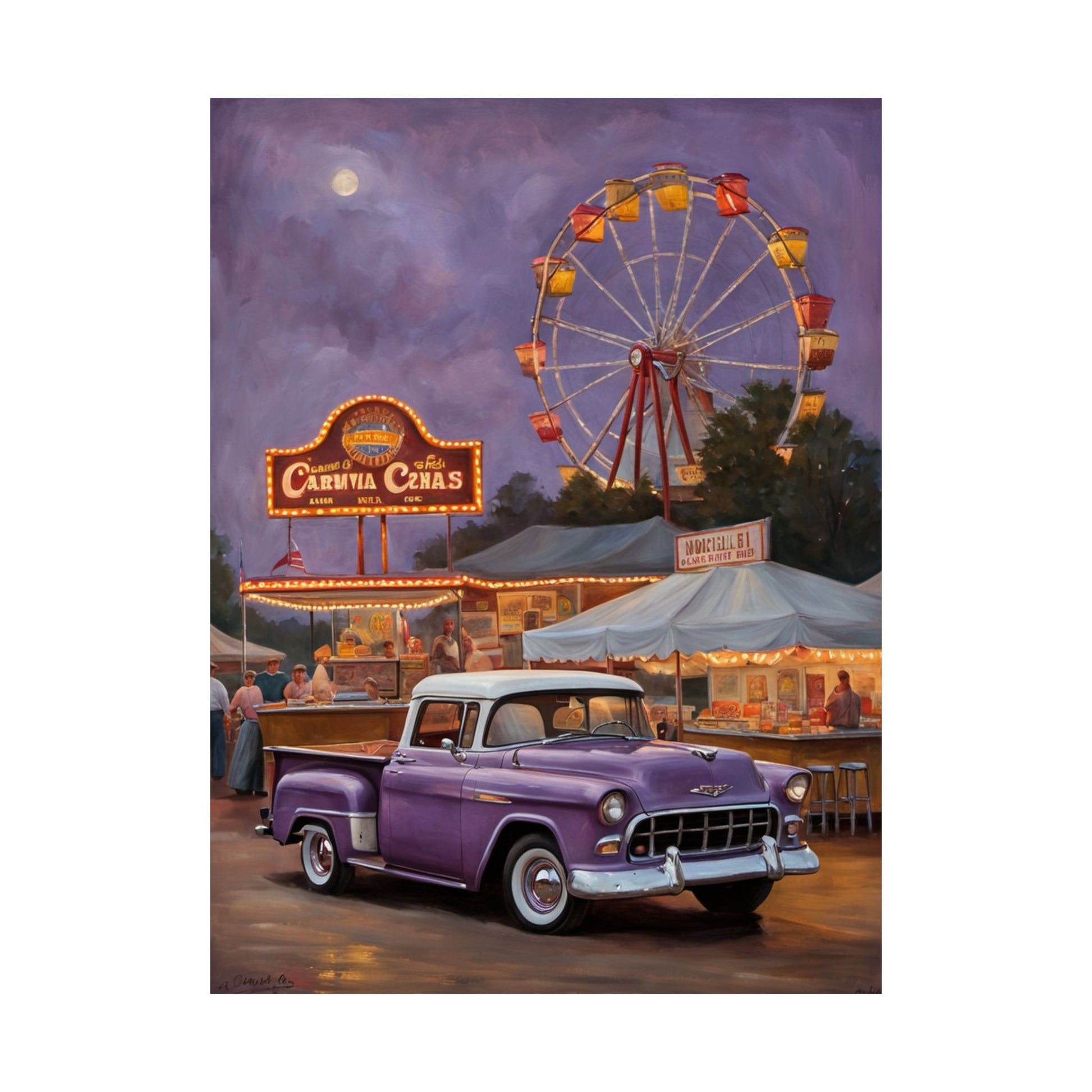 Vintage Carnival Poster featuring a purple truck and a ferris wheel at a nighttime fair
