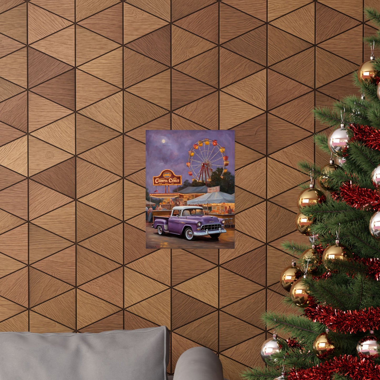 Vintage Carnival Poster featuring a Ferris wheel and classic car on a stylish wall