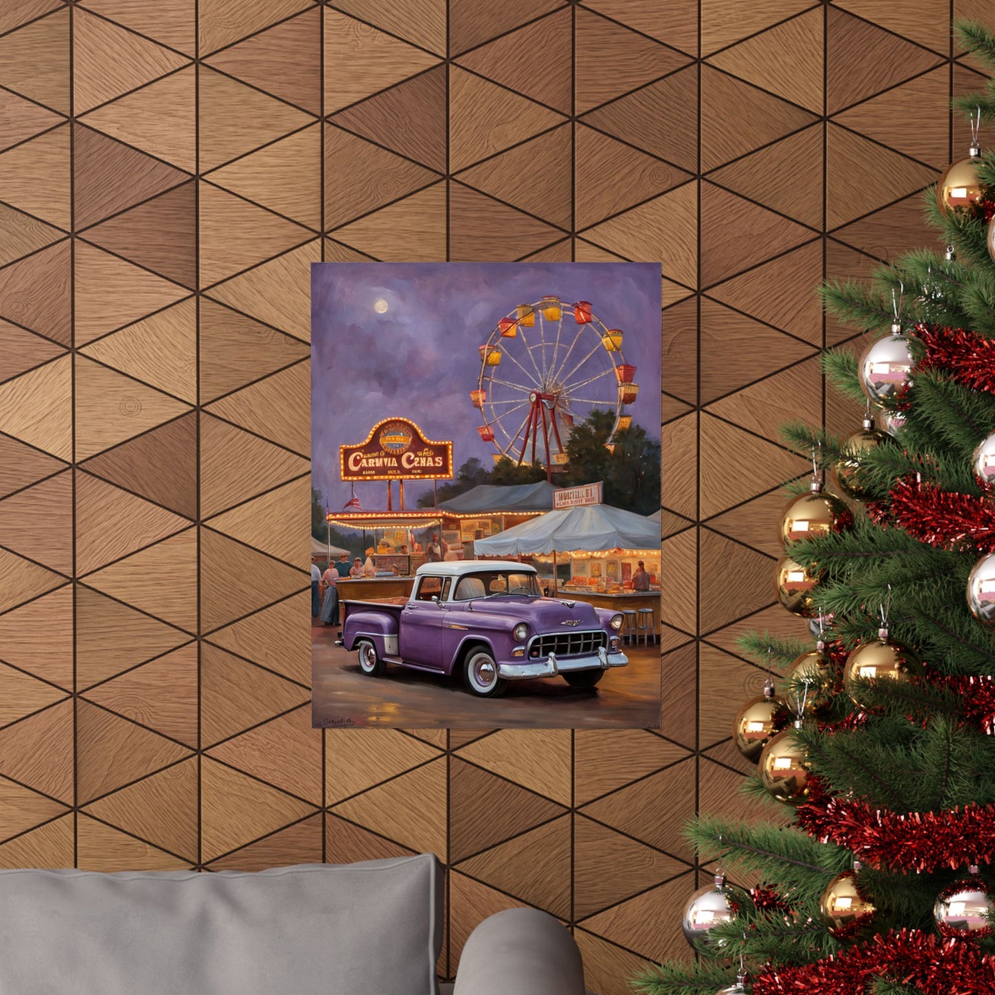 Vintage Carnival Poster featuring a classic purple truck and a Ferris wheel at night