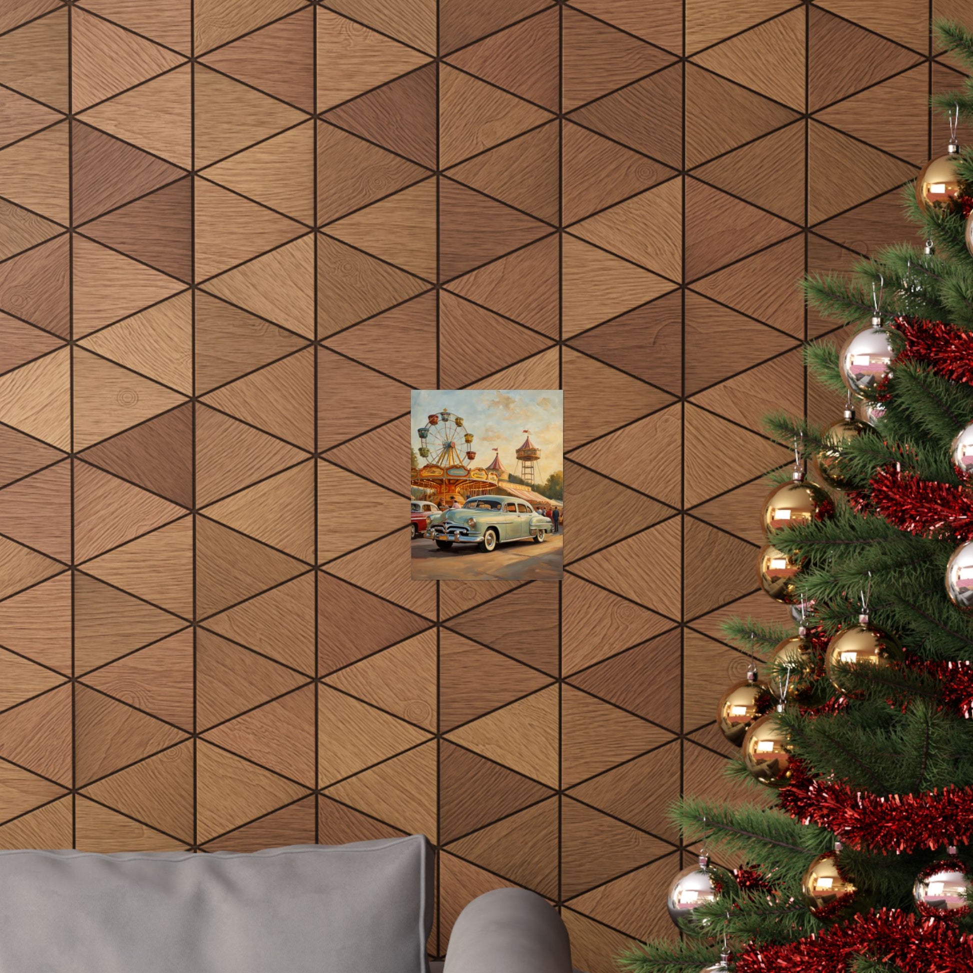Vintage Carnival Wall Art Poster displayed on a geometric patterned wall in a cozy living room setting
