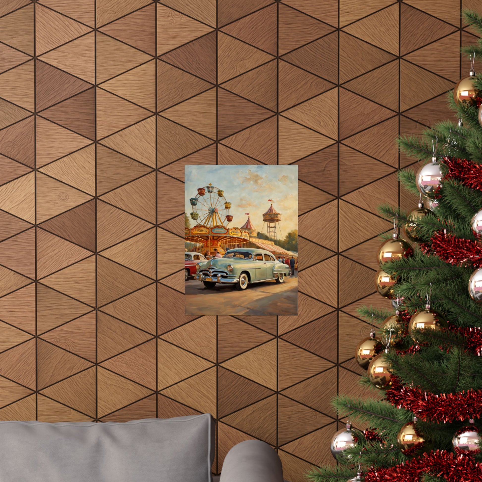 Vintage Carnival Wall Art Poster featuring a classic car at a carnival against a geometric wood wall