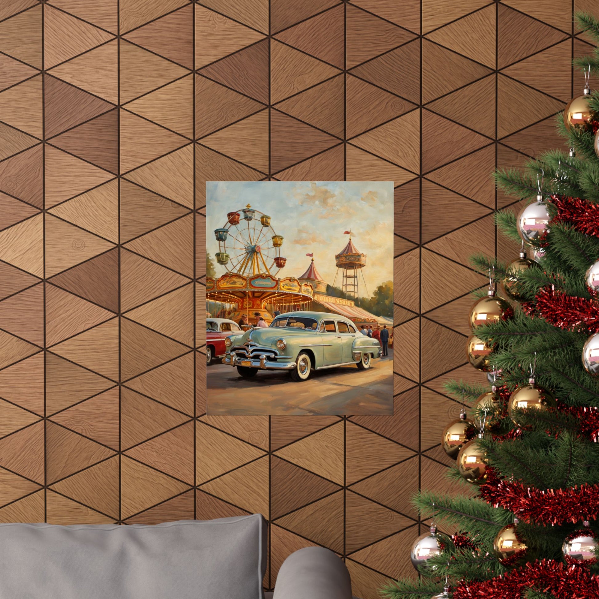 Vintage Carnival Wall Art Poster featuring classic cars and a Ferris wheel in a nostalgic scene