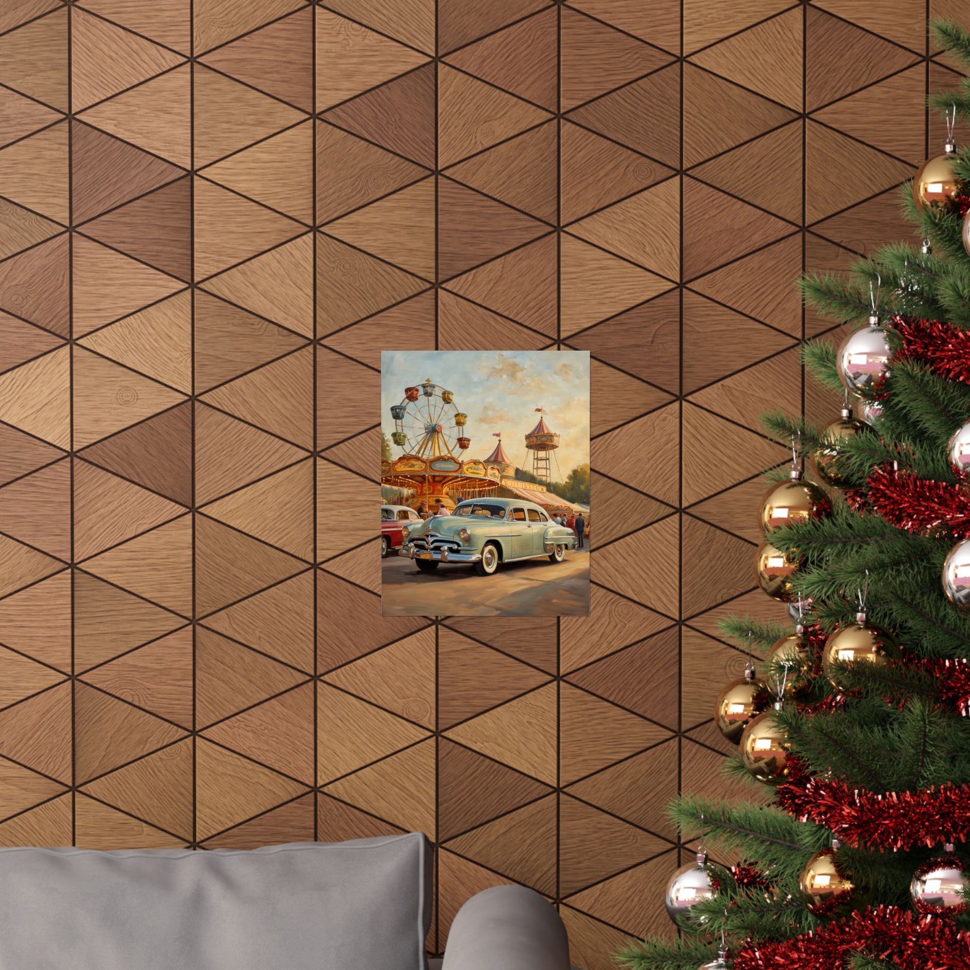 Vintage Carnival Wall Art Poster featuring a classic car and carnival scene on a geometric wall