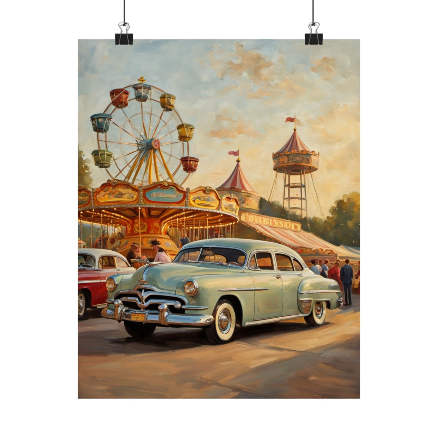 Vintage Carnival Wall Art Poster featuring a nostalgic fair scene with a Ferris wheel and classic cars
