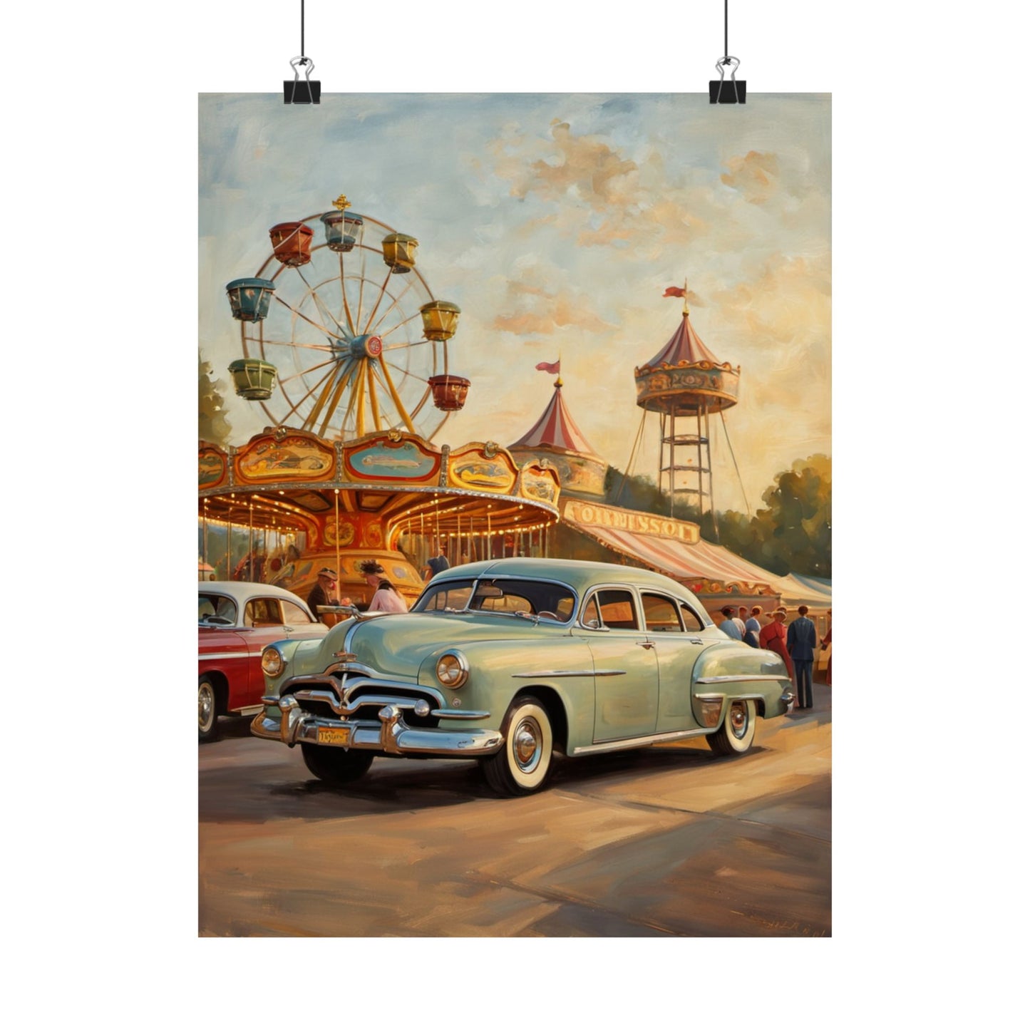 Vintage Carnival Wall Art Poster featuring a classic car and a Ferris wheel at a fairground