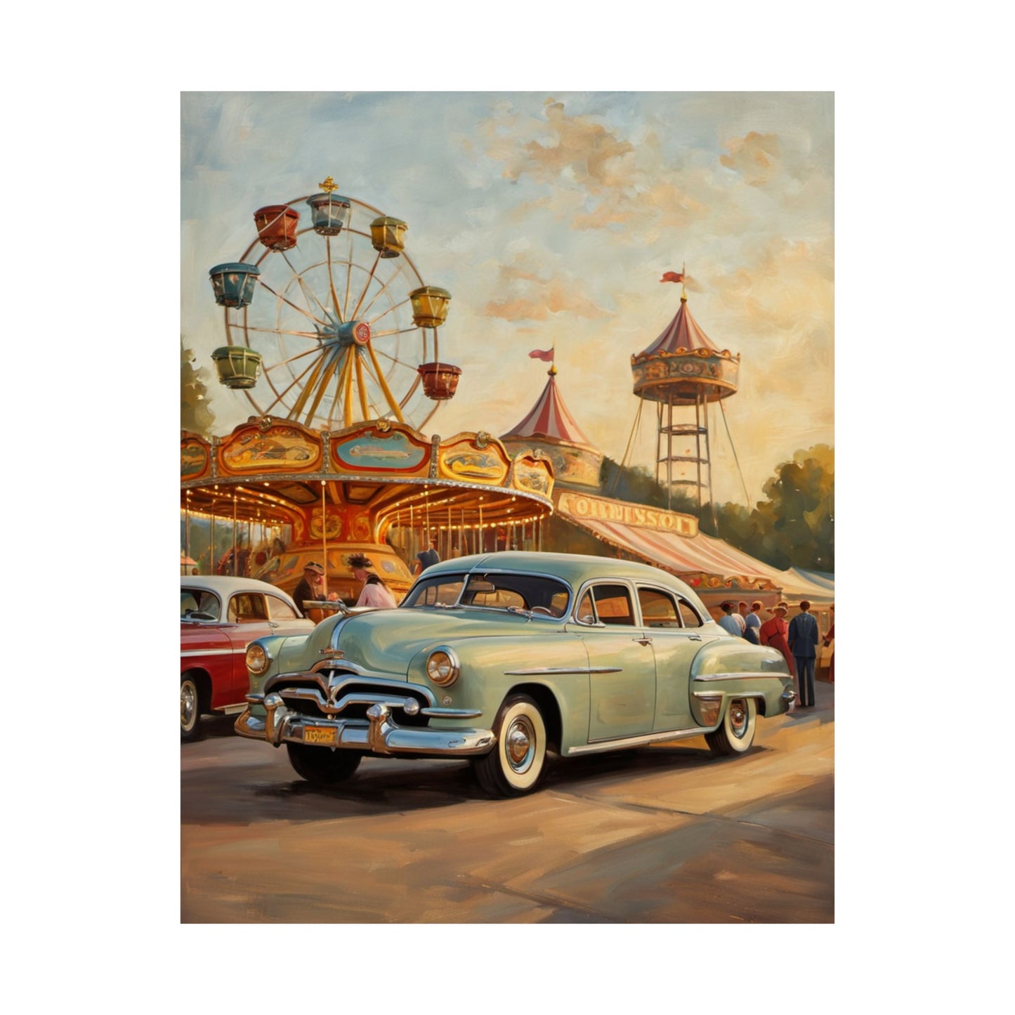 Vintage Carnival Wall Art Poster featuring classic cars and a ferris wheel at a fairground