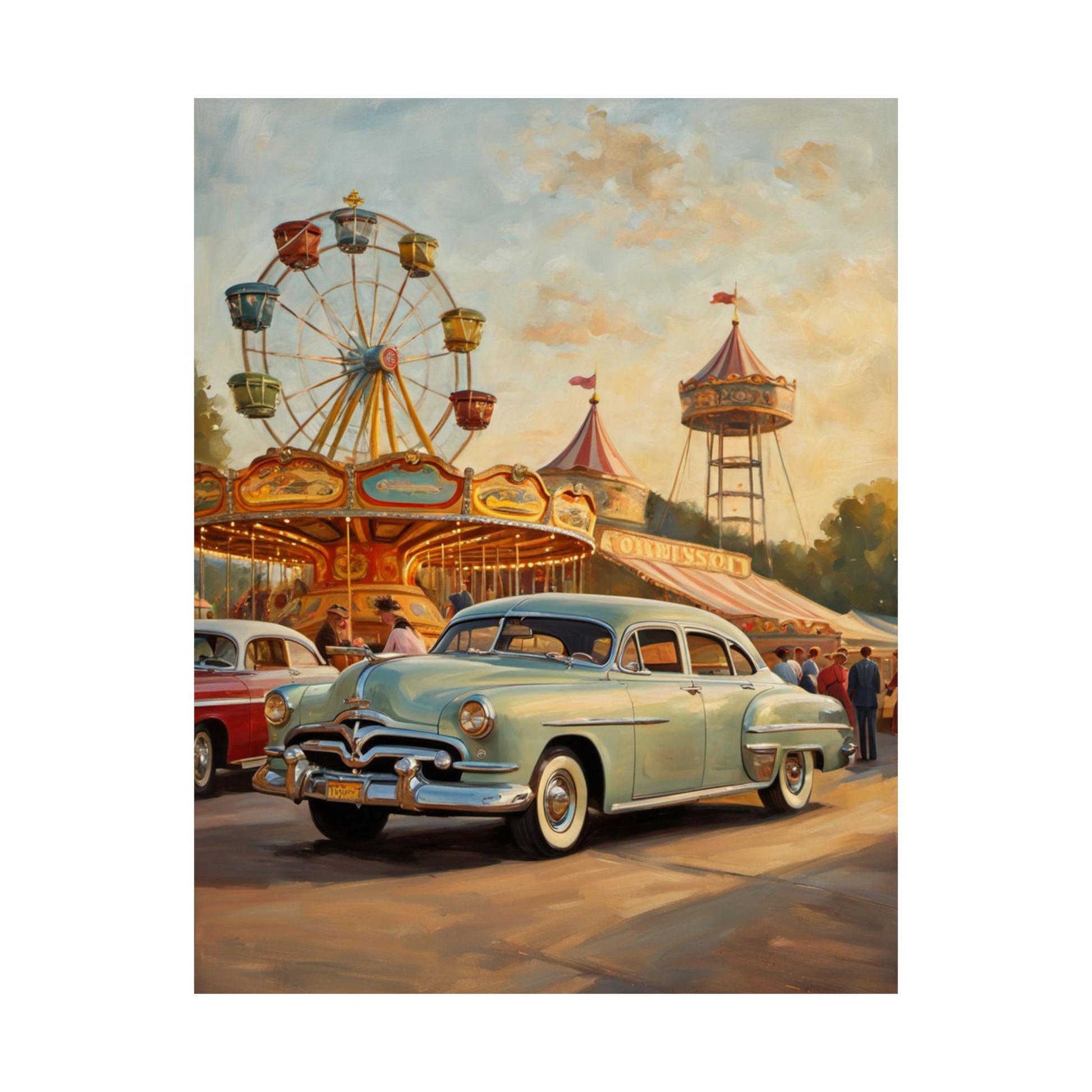 Vintage Carnival Wall Art Poster featuring classic cars and a ferris wheel at a fairground