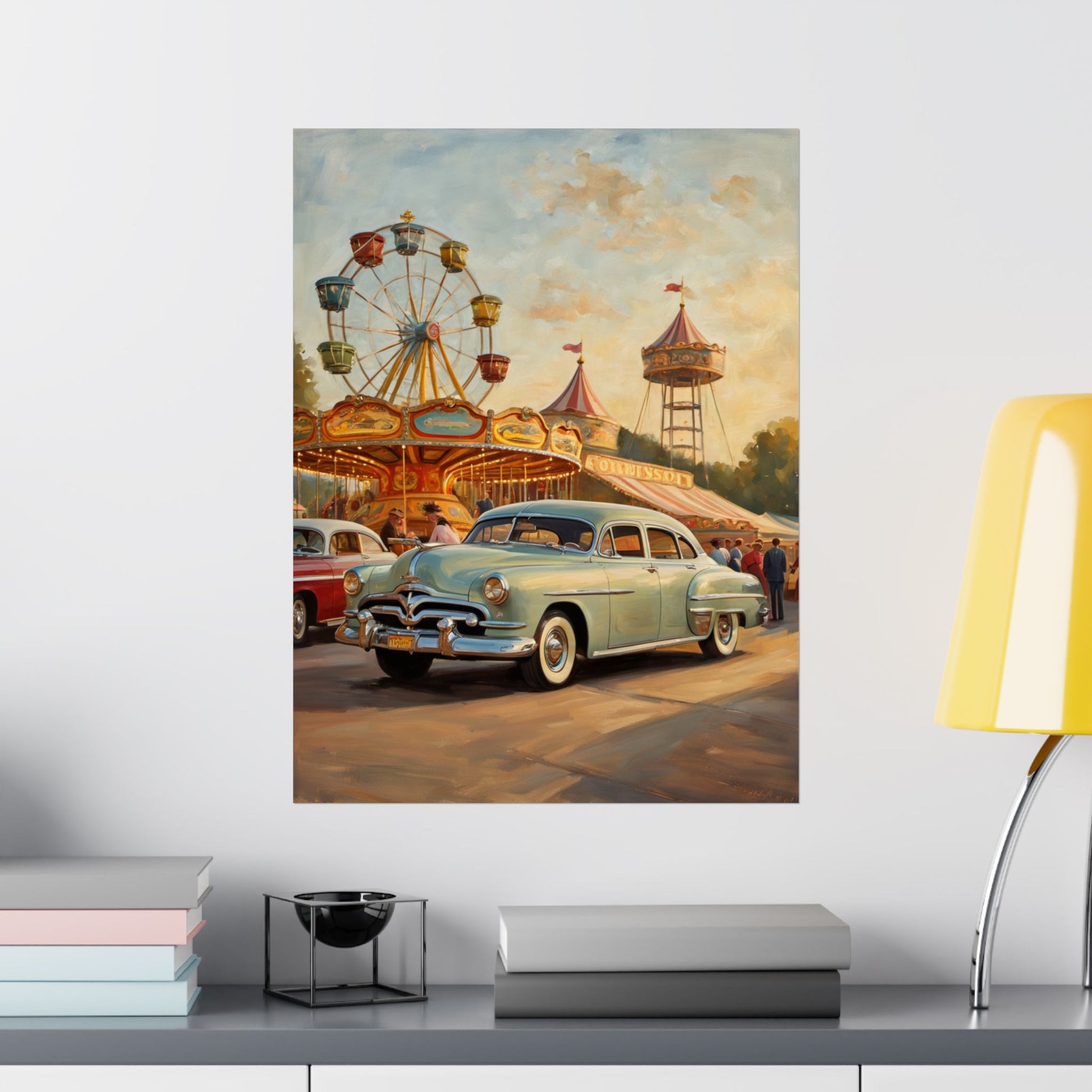Vintage Carnival Wall Art Poster featuring classic cars and a Ferris wheel at a lively fair