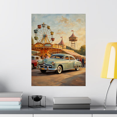 Vintage Carnival Wall Art Poster featuring classic cars and a Ferris wheel at a lively fair