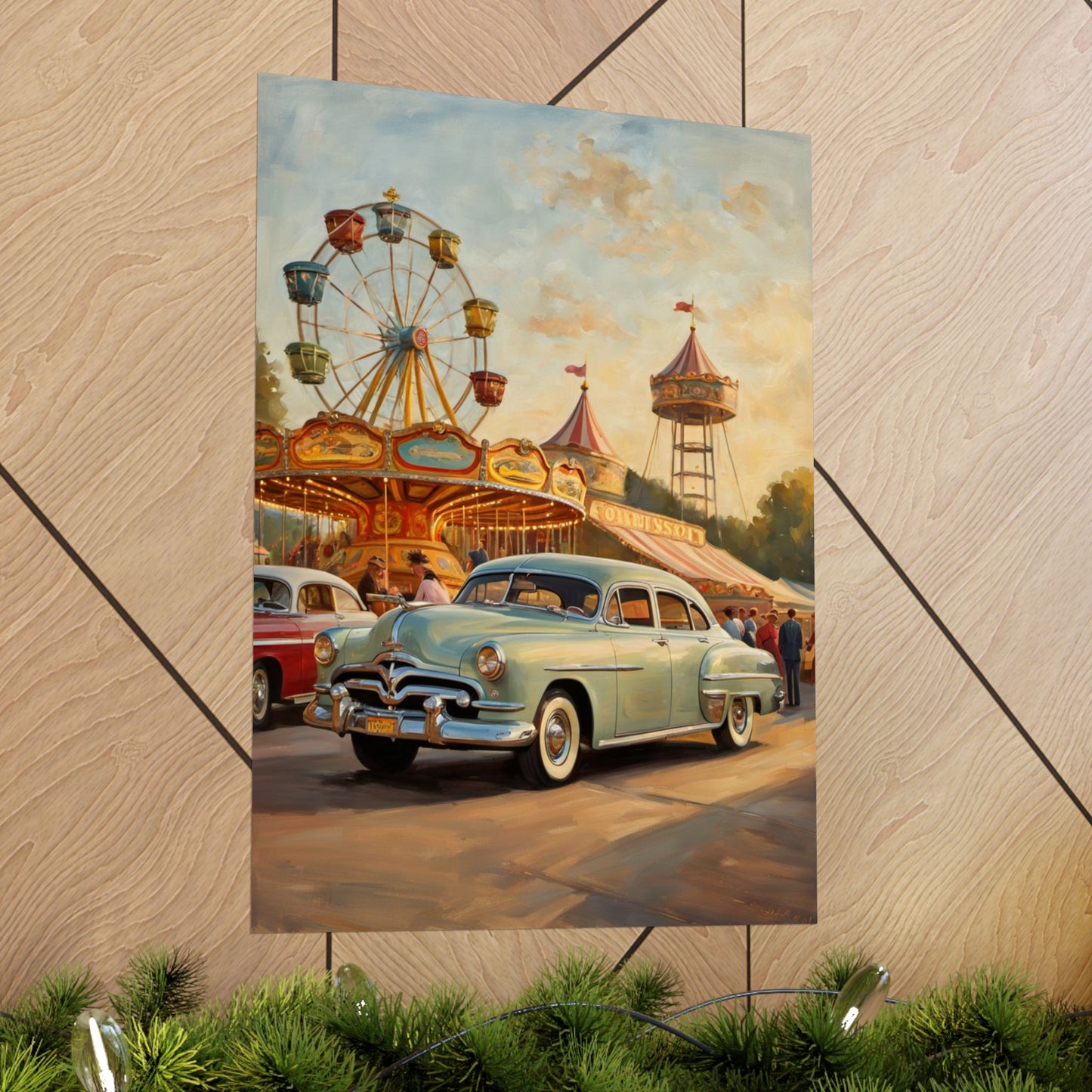 Vintage Carnival Wall Art Poster featuring a classic car and a festive carnival scene