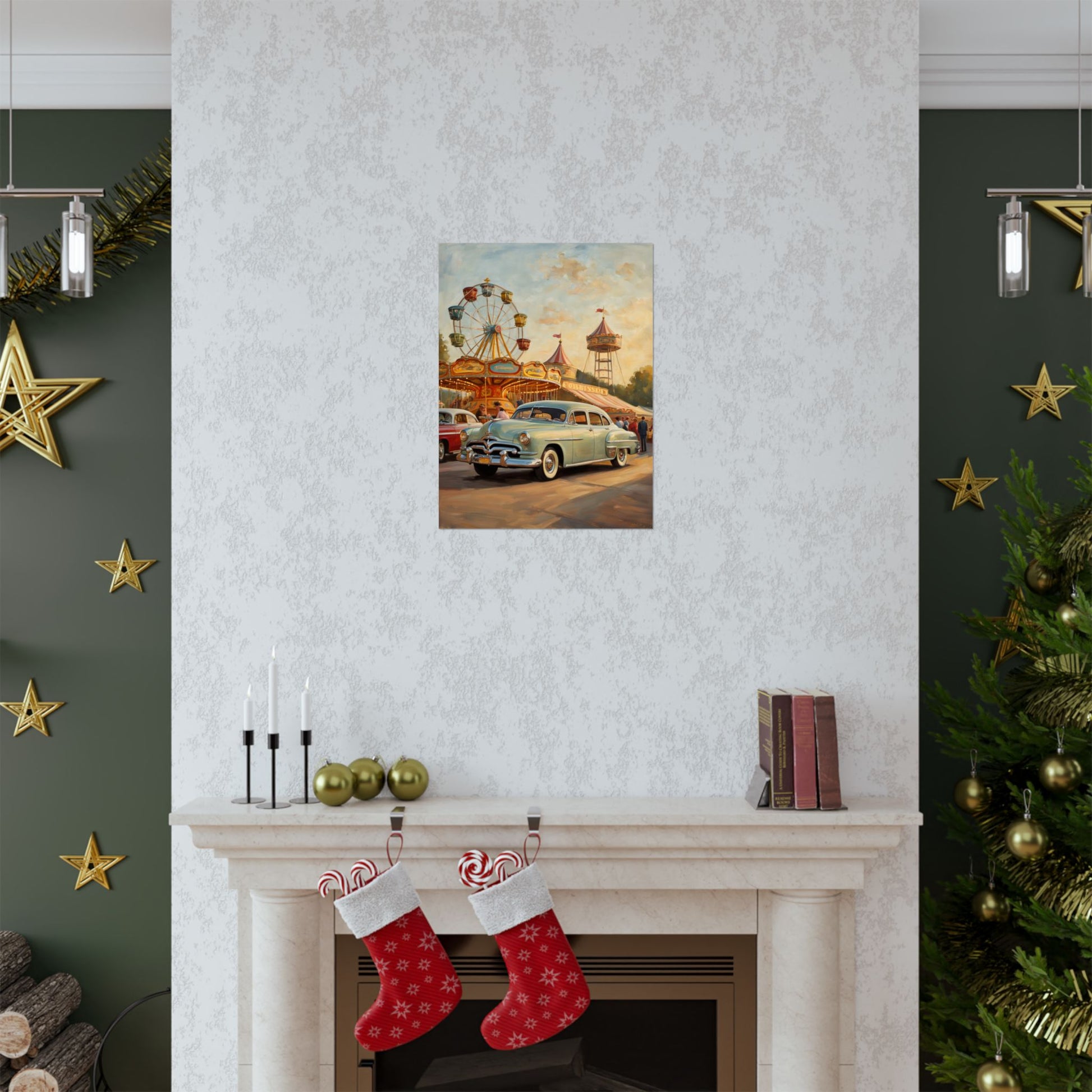 Vintage Carnival Wall Art Poster featuring classic cars and a vibrant fairground scene