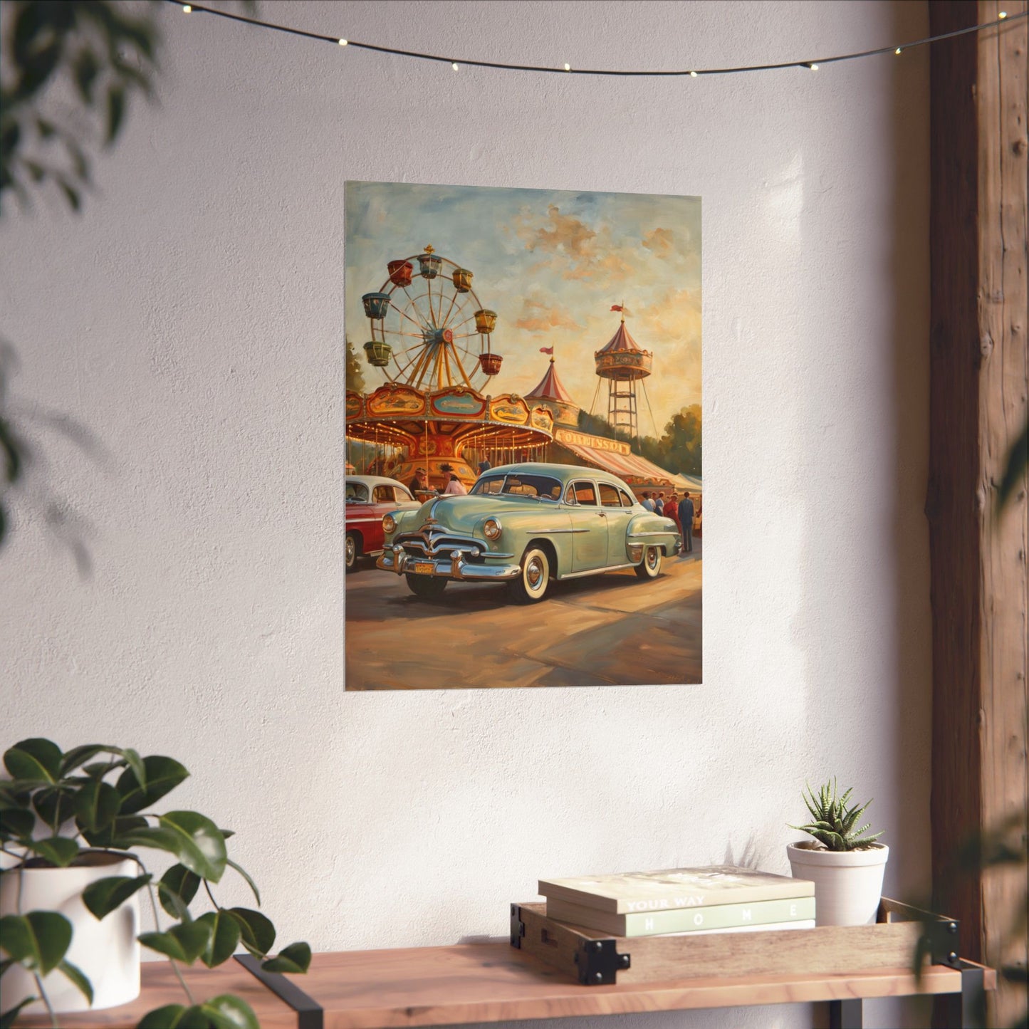 Vintage Carnival Wall Art Poster featuring a classic car and carnival rides in a nostalgic setting
