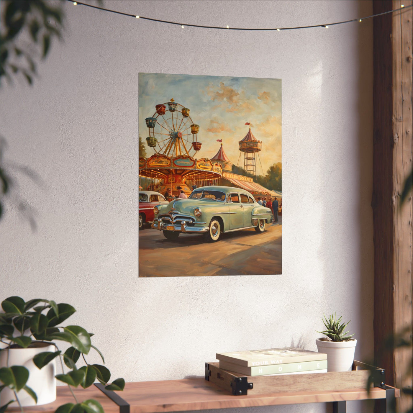 Vintage Carnival Wall Art Poster featuring a classic car and carnival rides in a nostalgic setting