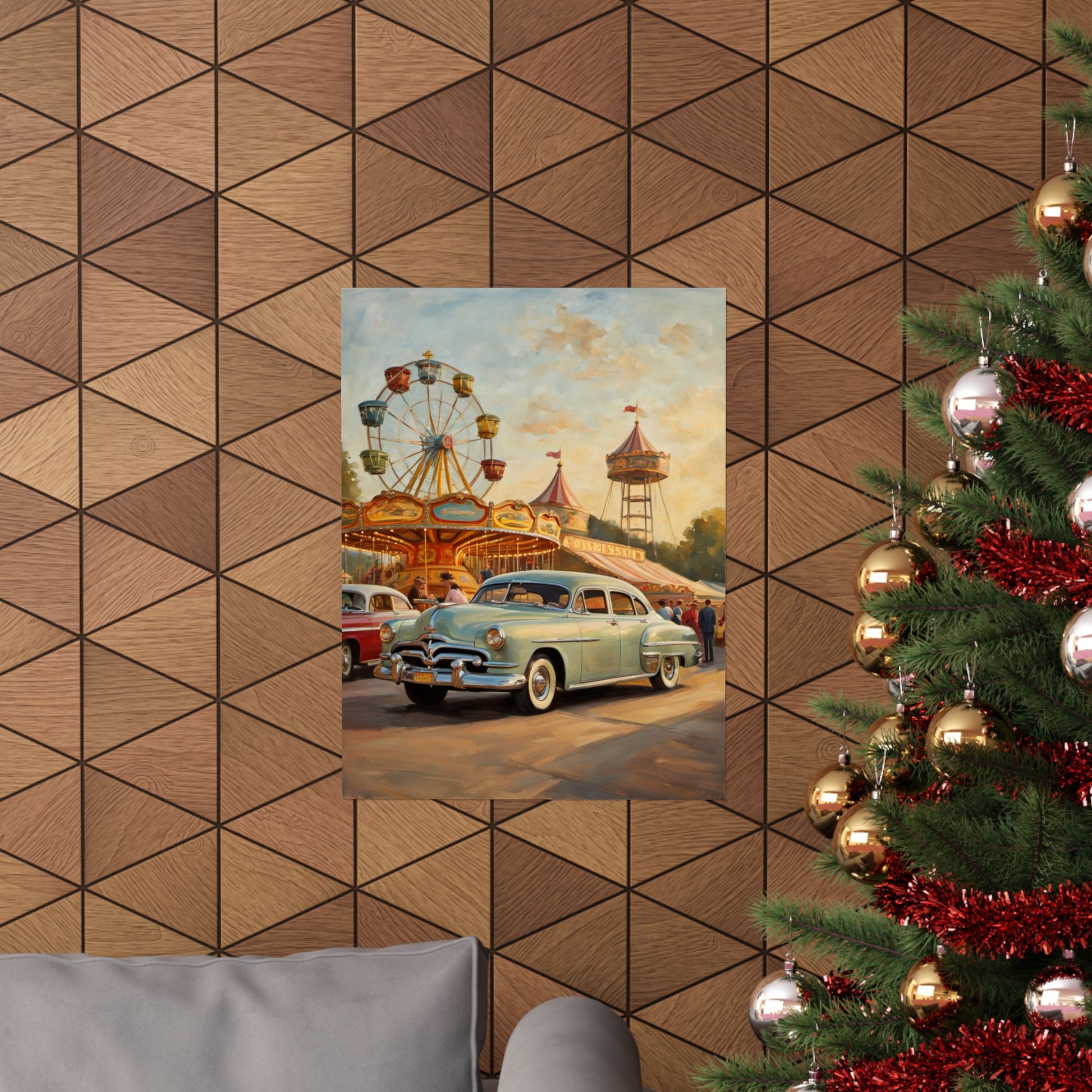 Vintage Carnival Wall Art Poster featuring an old car at a carnival with a Ferris wheel