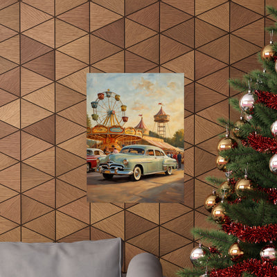 Vintage Carnival Wall Art Poster featuring an old car at a carnival with a Ferris wheel