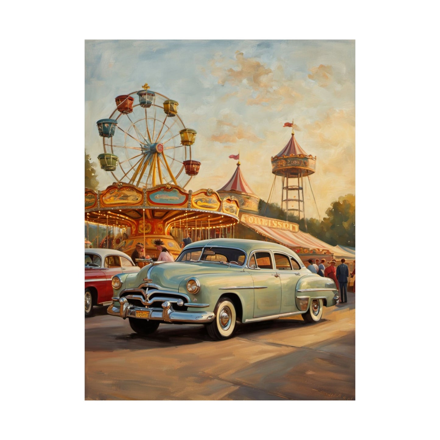 Vintage Carnival Wall Art Poster featuring a classic car and Ferris wheel at a lively carnival scene