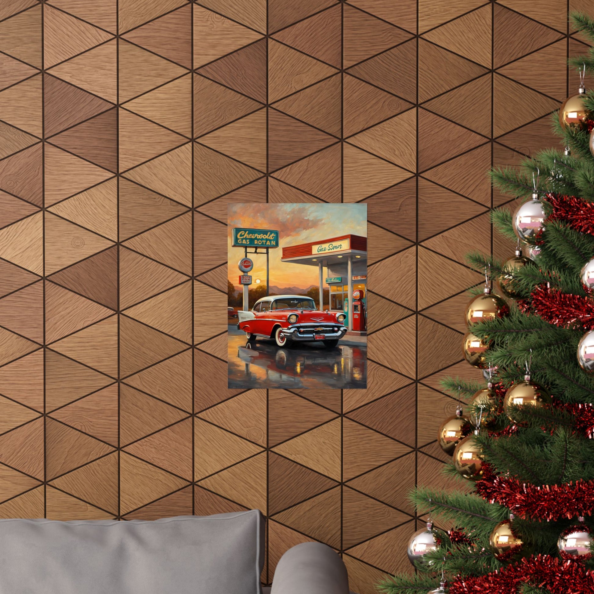 Classic car poster for home featuring a old Chevrolet at a retro gas station