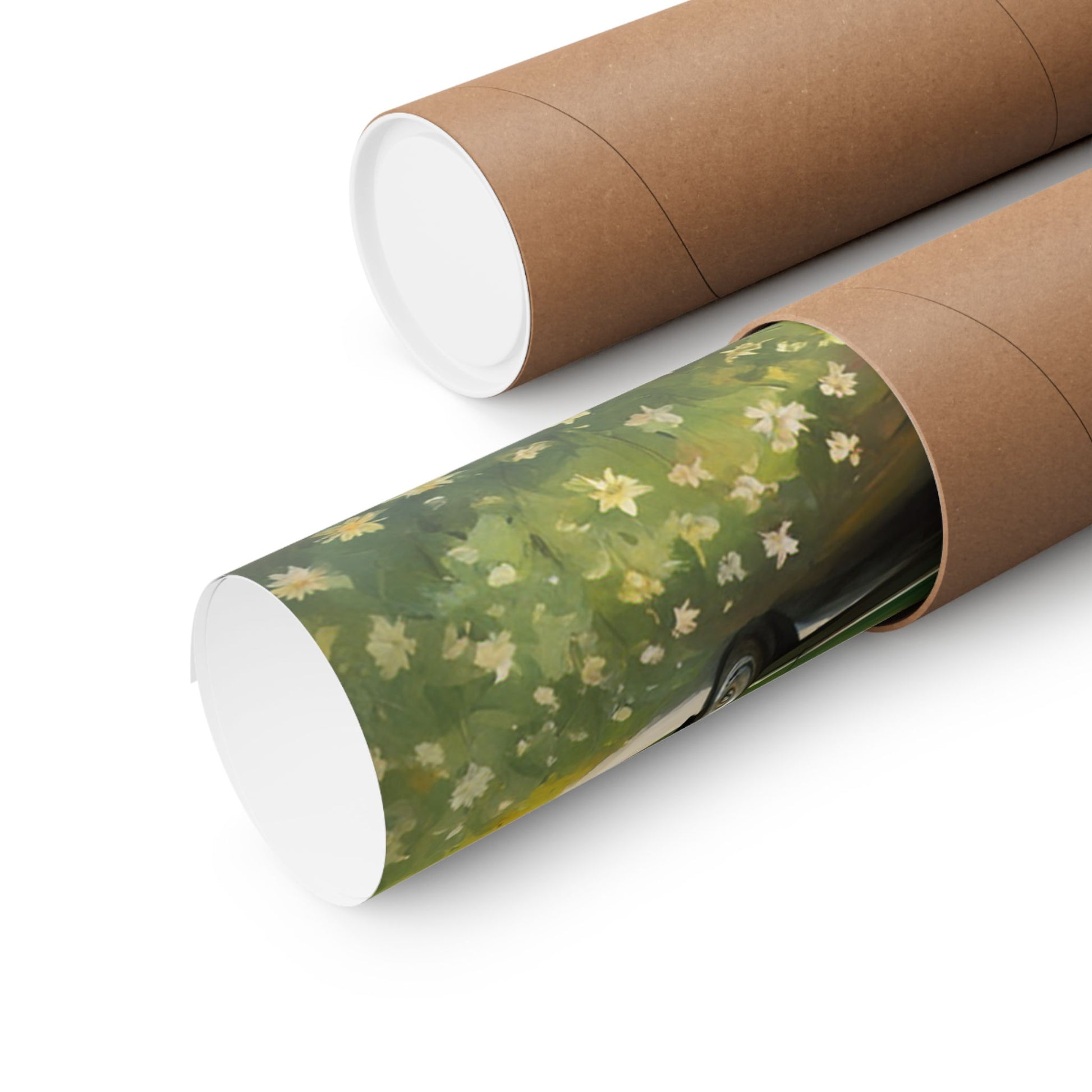 Vintage Convertible Car Art Print rolled in eco-friendly packaging for safe delivery