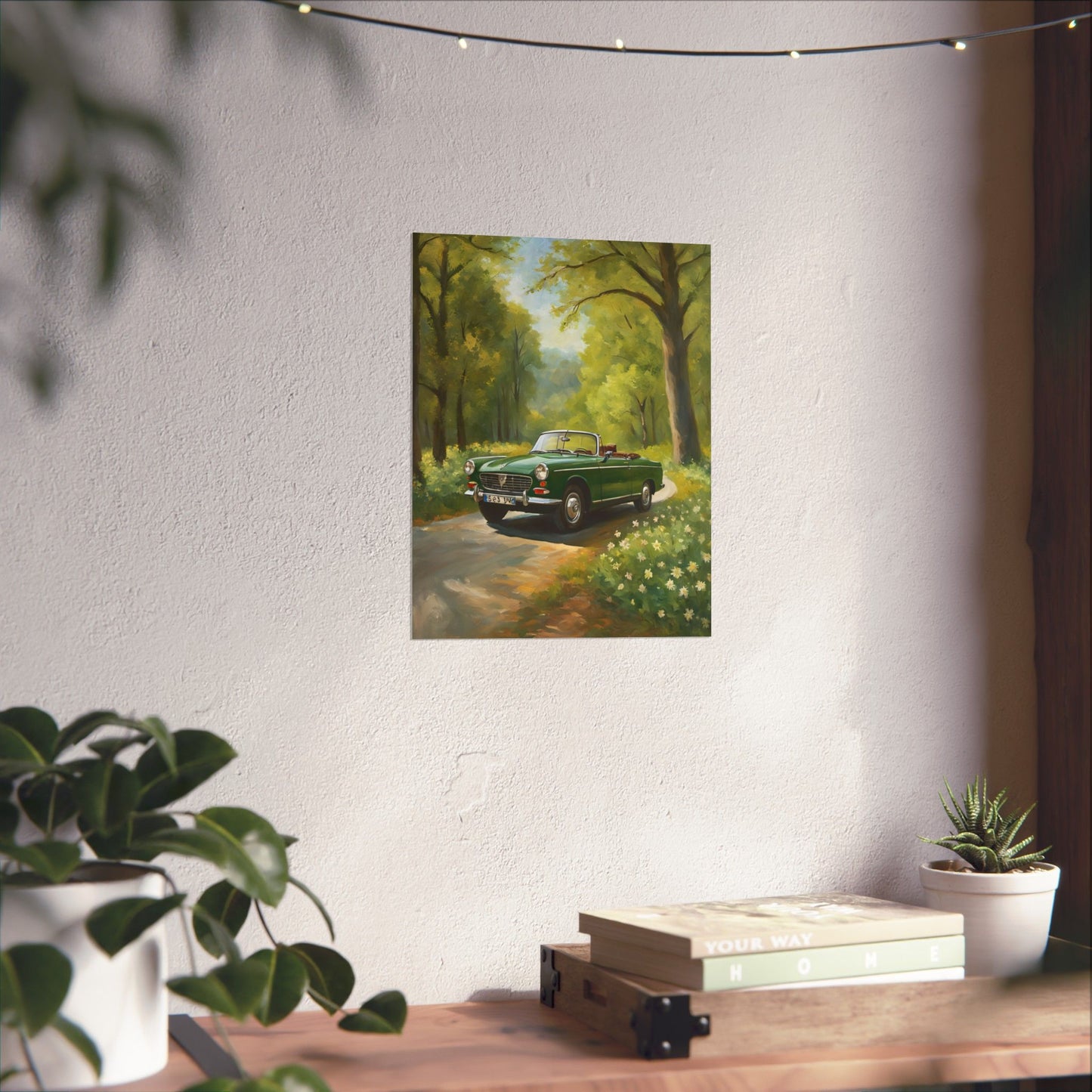 Vintage Convertible Car Art Print featuring a classic car in a scenic nature setting