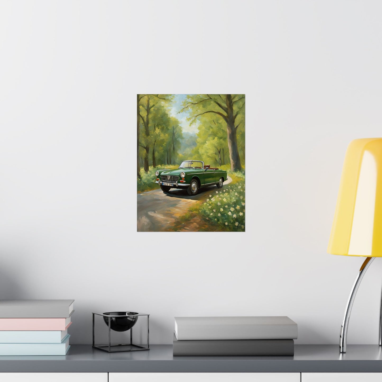 Vintage Convertible Car Art Print displayed on a wall surrounded by a modern decor setup