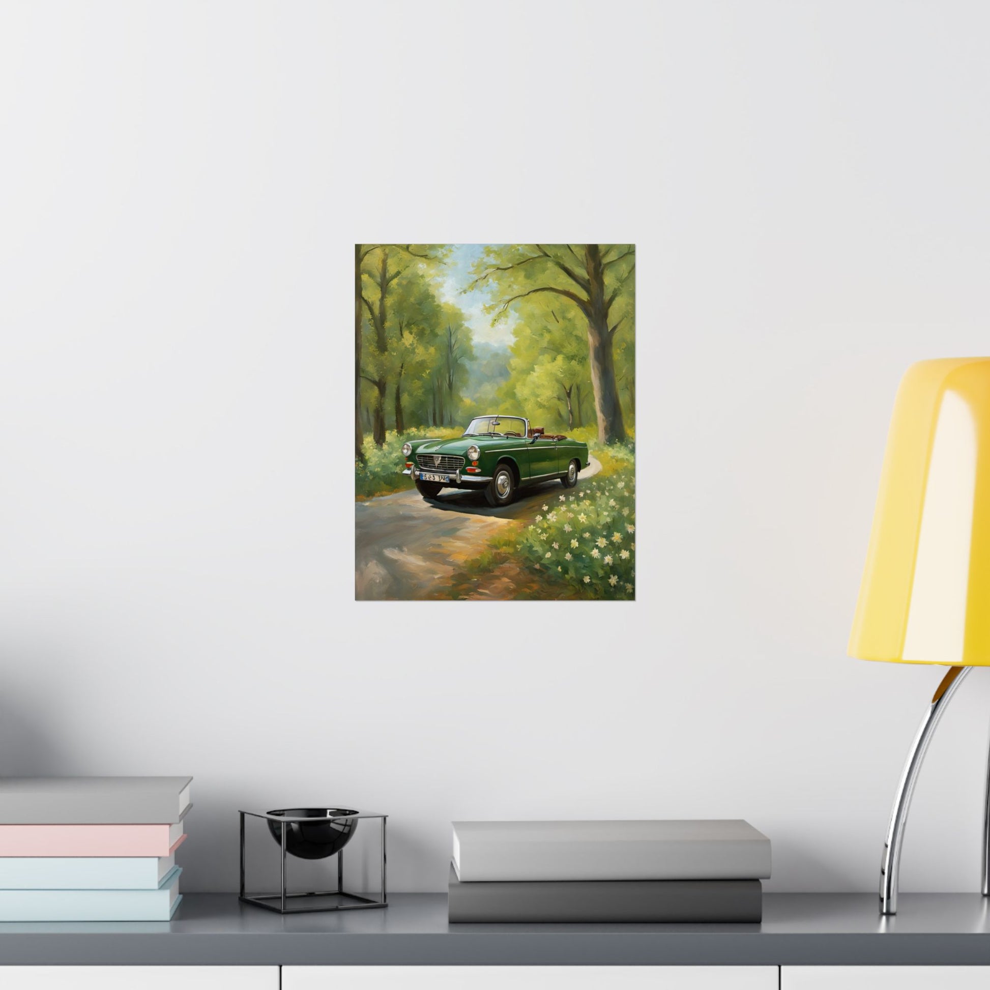 Vintage Convertible Car Art Print displayed on a wall surrounded by a modern decor setup
