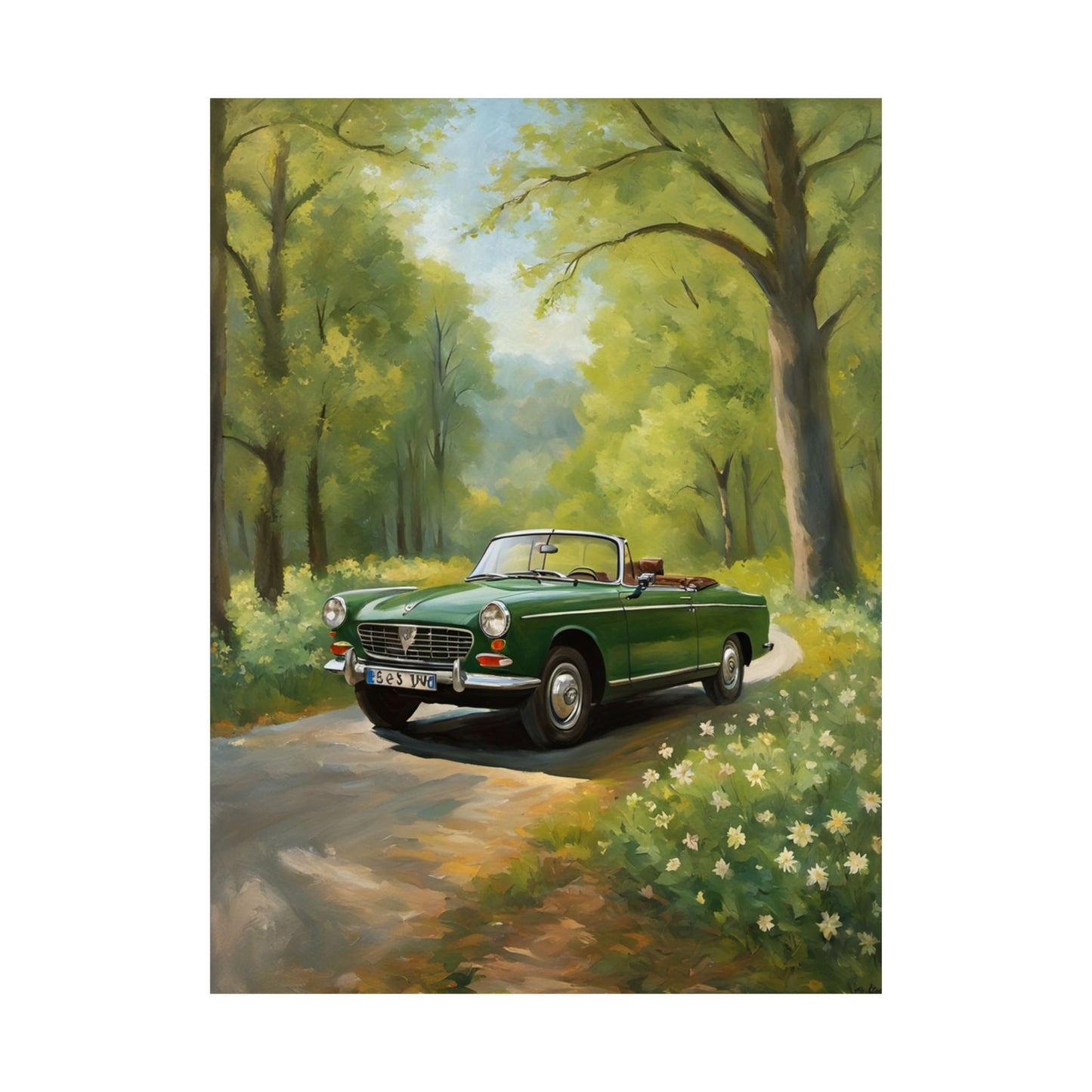 Vintage Convertible Car Art Print featuring a green convertible parked on a sunlit country road surrounded by trees