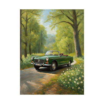 Vintage Convertible Car Art Print featuring a green convertible parked on a sunlit country road surrounded by trees