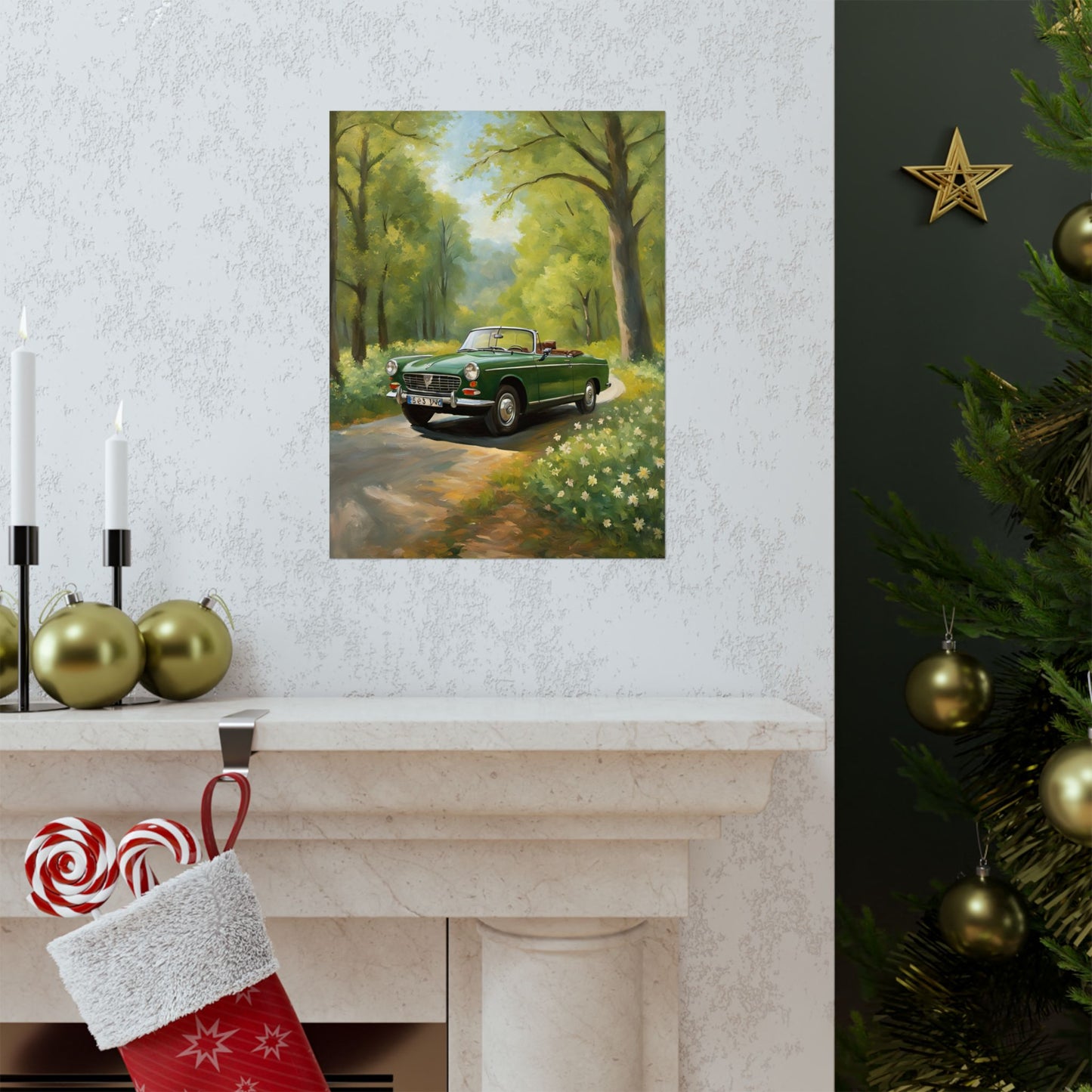 Vintage Convertible Car Art Print featuring a classic car on a scenic tree-lined path