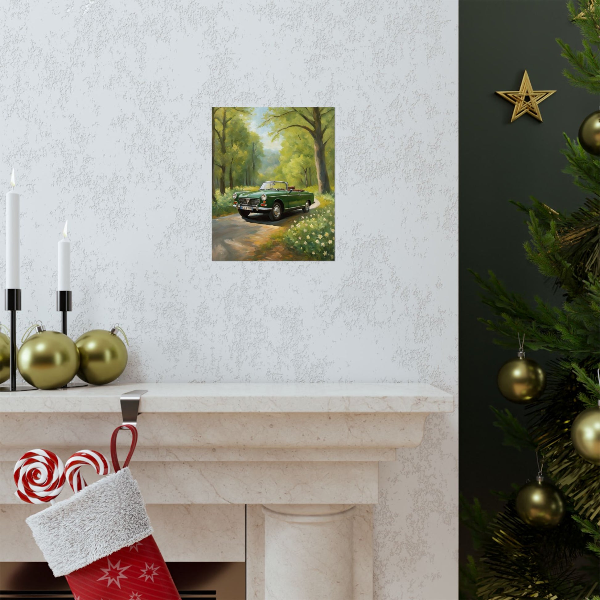 Vintage Convertible Car Art Print displayed above a festive mantel with greenery and ornaments
