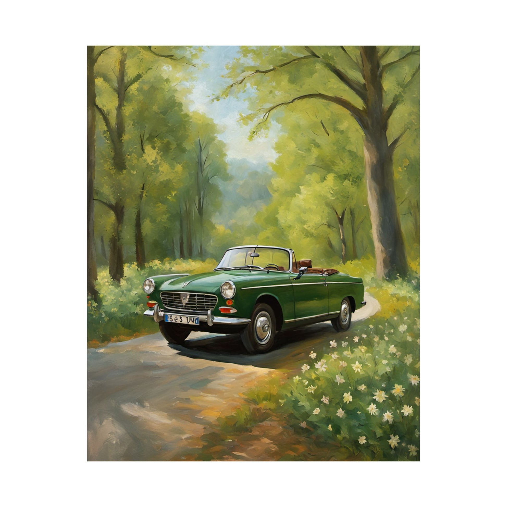 Vintage Convertible Car Art Print featuring a green car on a scenic forest path