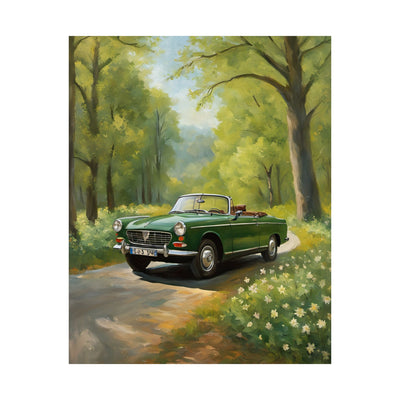 Vintage Convertible Car Art Print featuring a green car on a scenic forest path