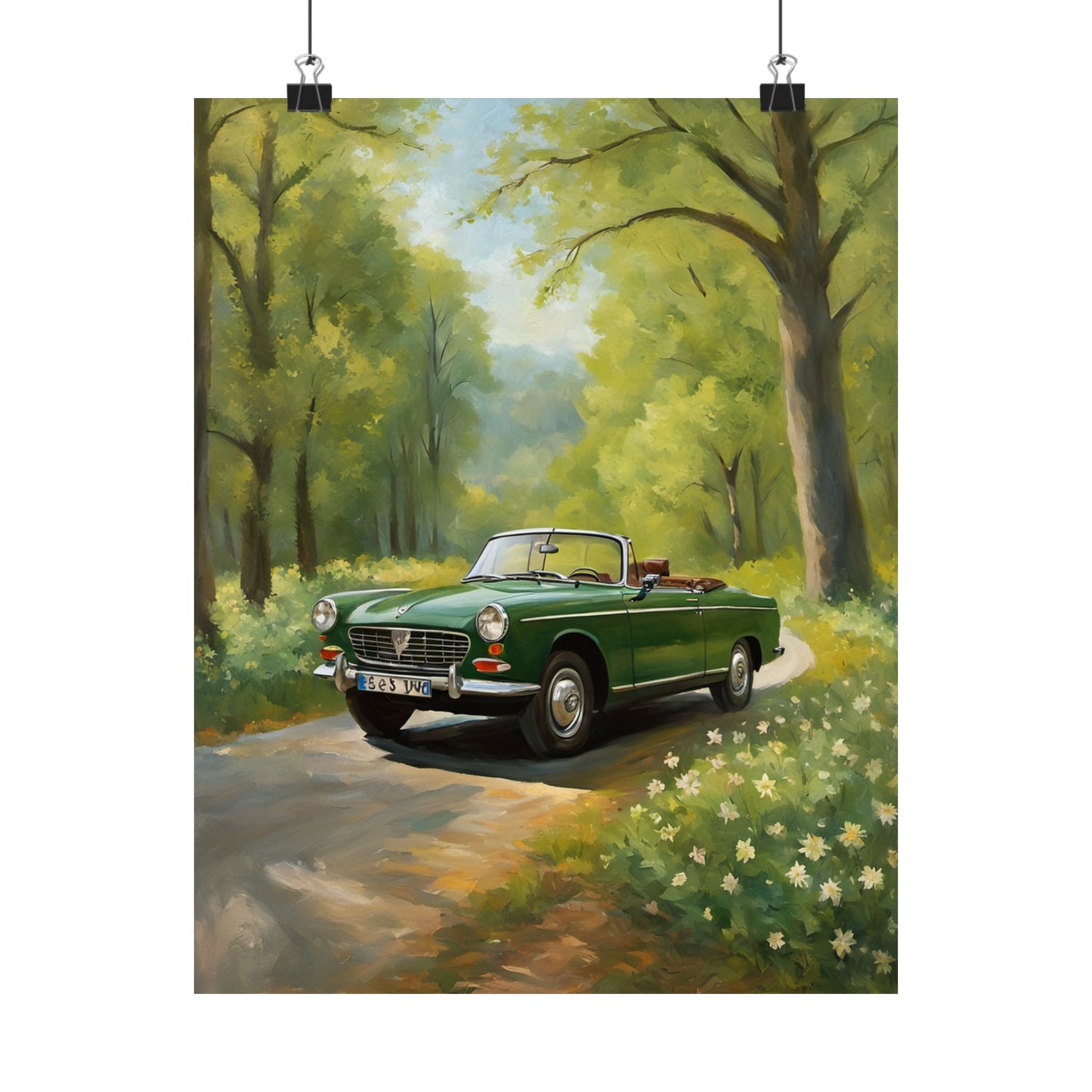 Vintage Convertible Car Art Print featuring a green convertible driving through a scenic forest path