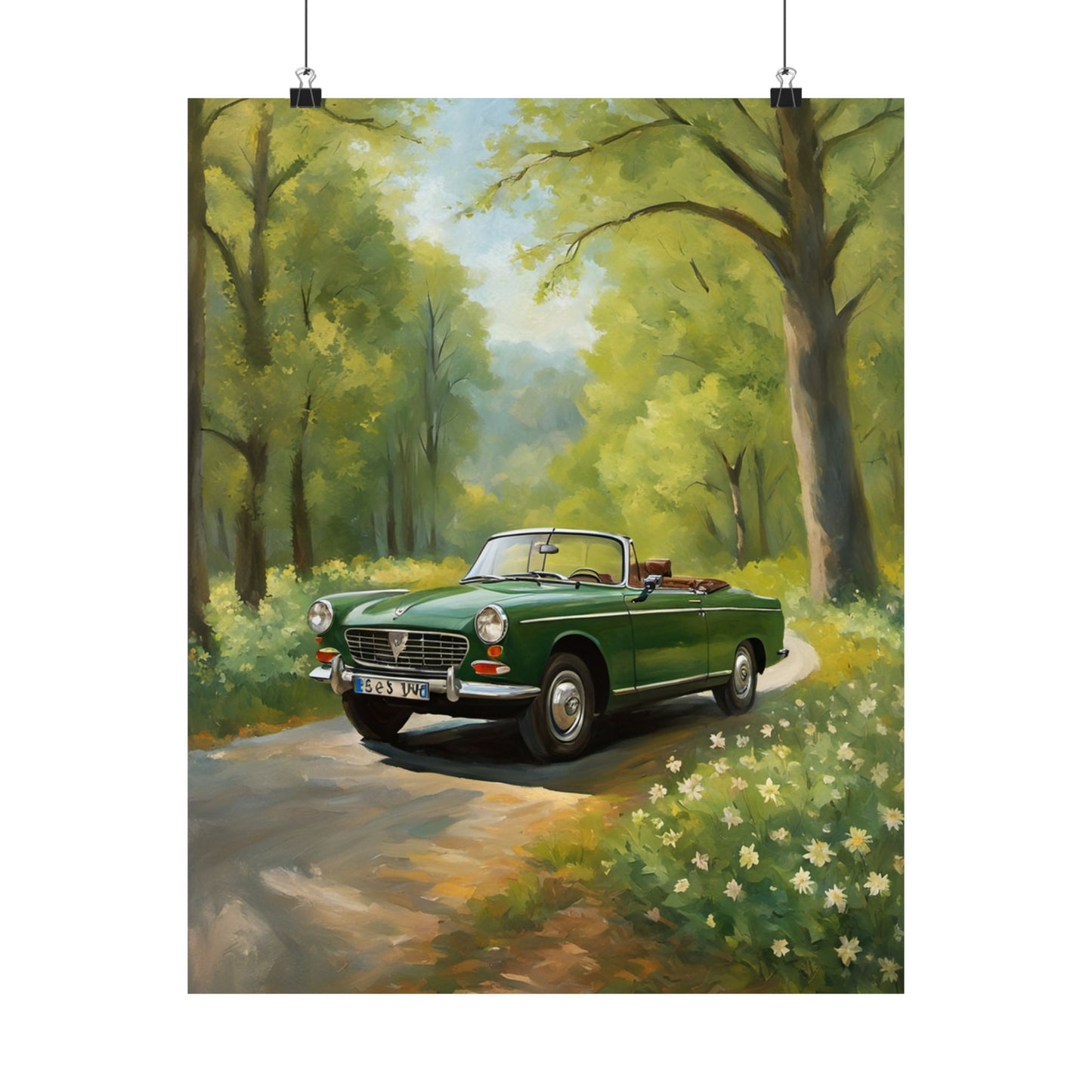 Vintage Convertible Car Art Print featuring a green convertible on a scenic forest road