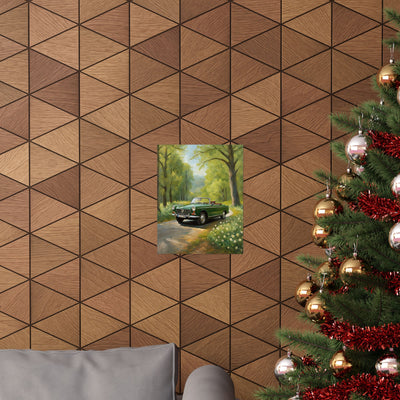 Vintage Convertible Car Art Print displayed on a geometric patterned wall above a cozy sofa