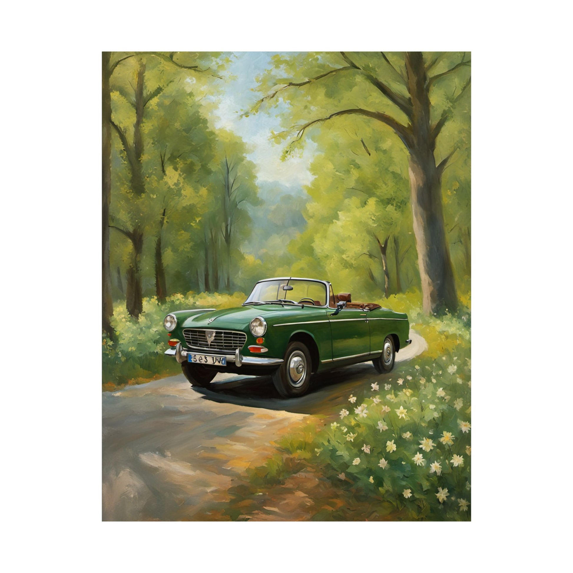 Vintage Convertible Car Art Print featuring a green convertible on a scenic path surrounded by trees