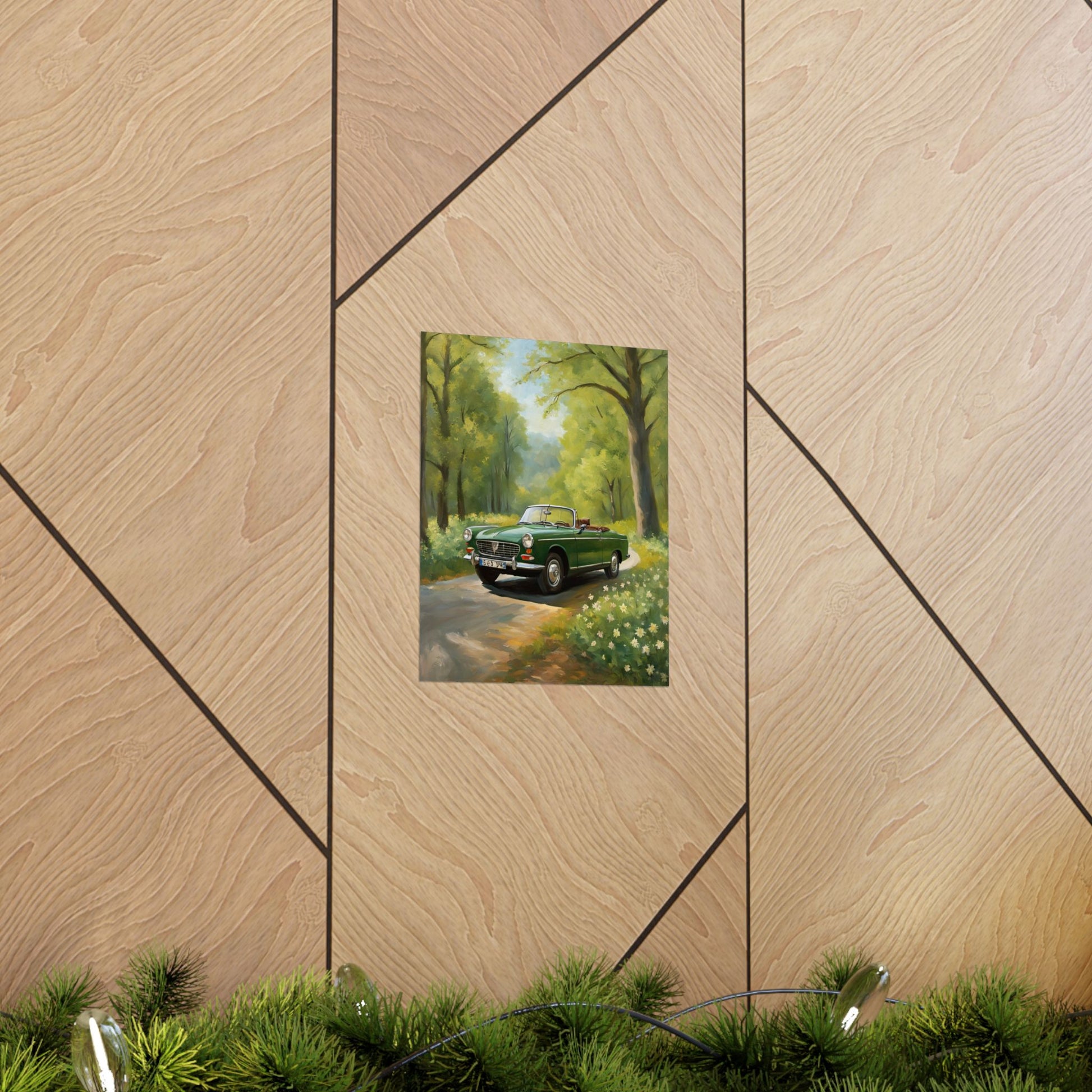 Vintage Convertible Car Art Print displayed on wooden wall with greenery in foreground