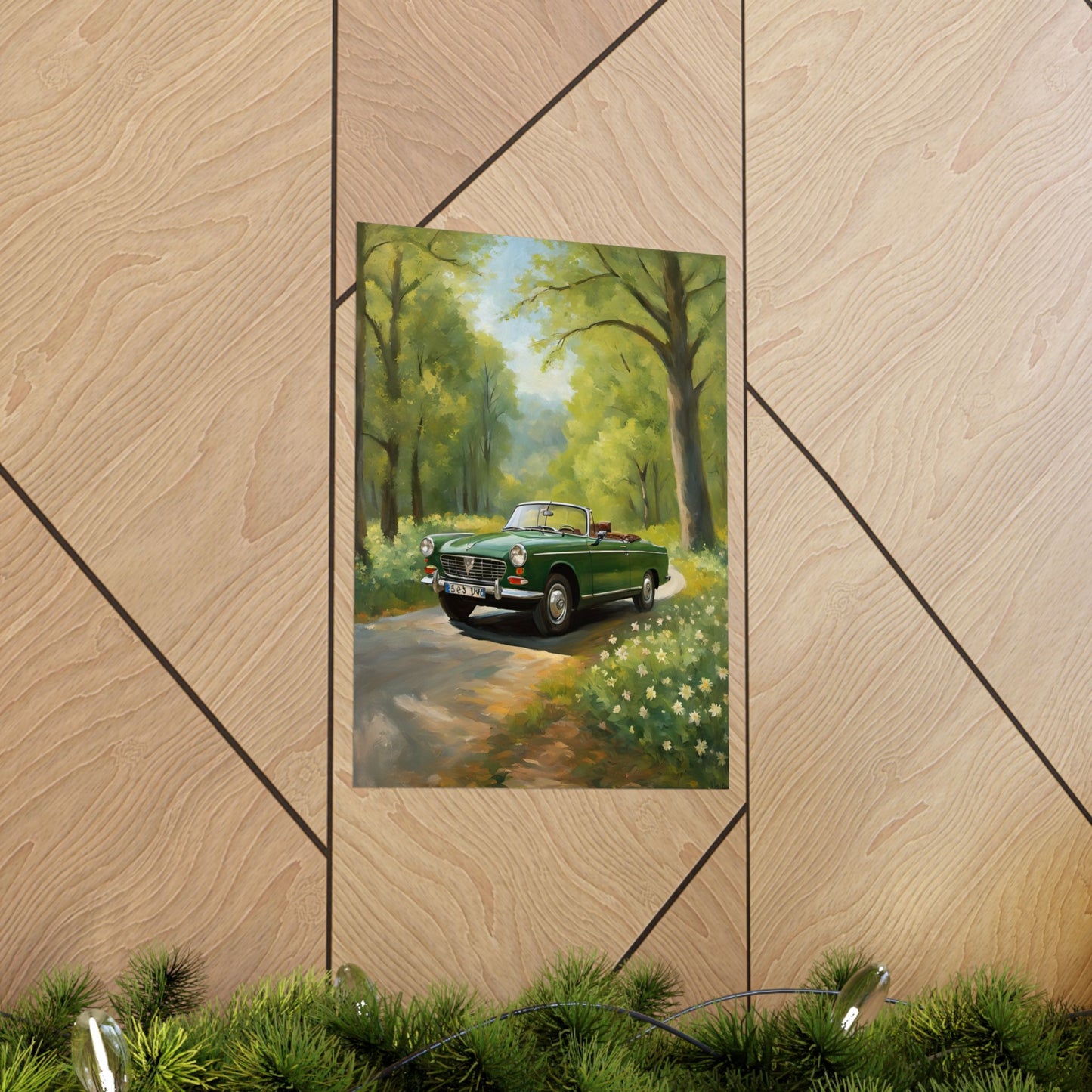 Vintage Convertible Car Art Print featuring a green car on a sunny forest road
