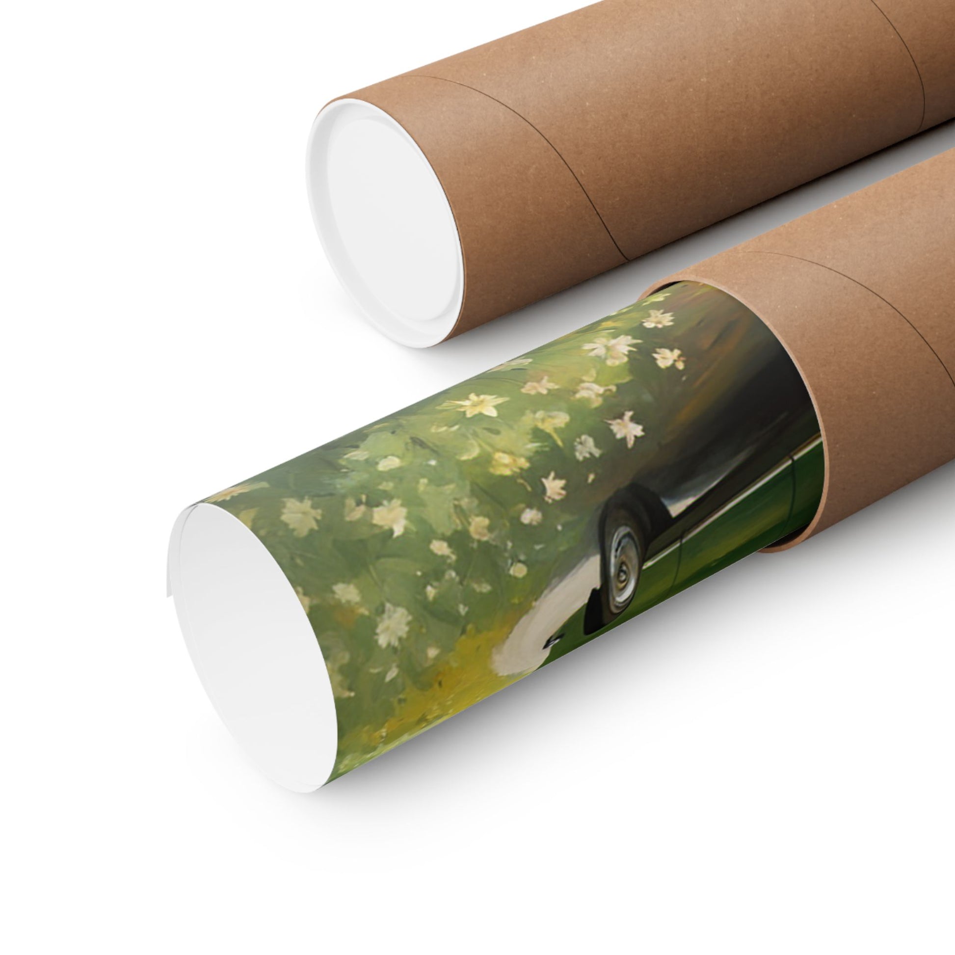 Vintage Convertible Car Art Print rolled in eco-friendly packaging, showcasing vibrant colors and details