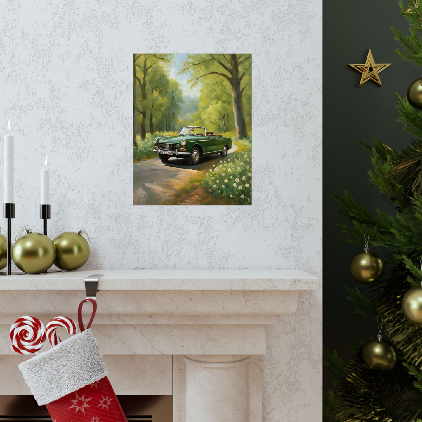 Vintage Convertible Car Art Print displayed on a wall above a cozy fireplace with holiday decor