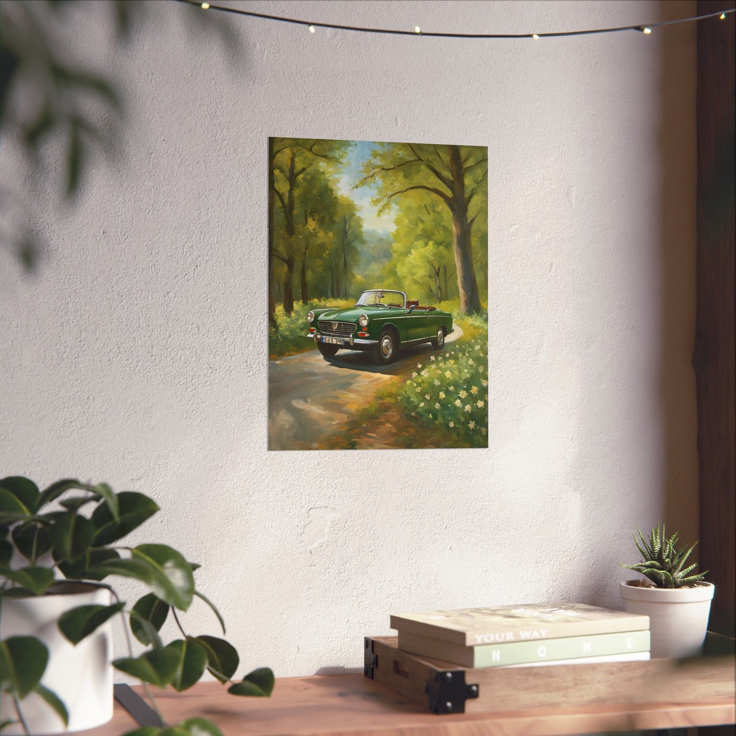 Vintage Convertible Car Art Print featuring a classic car in a scenic forest setting