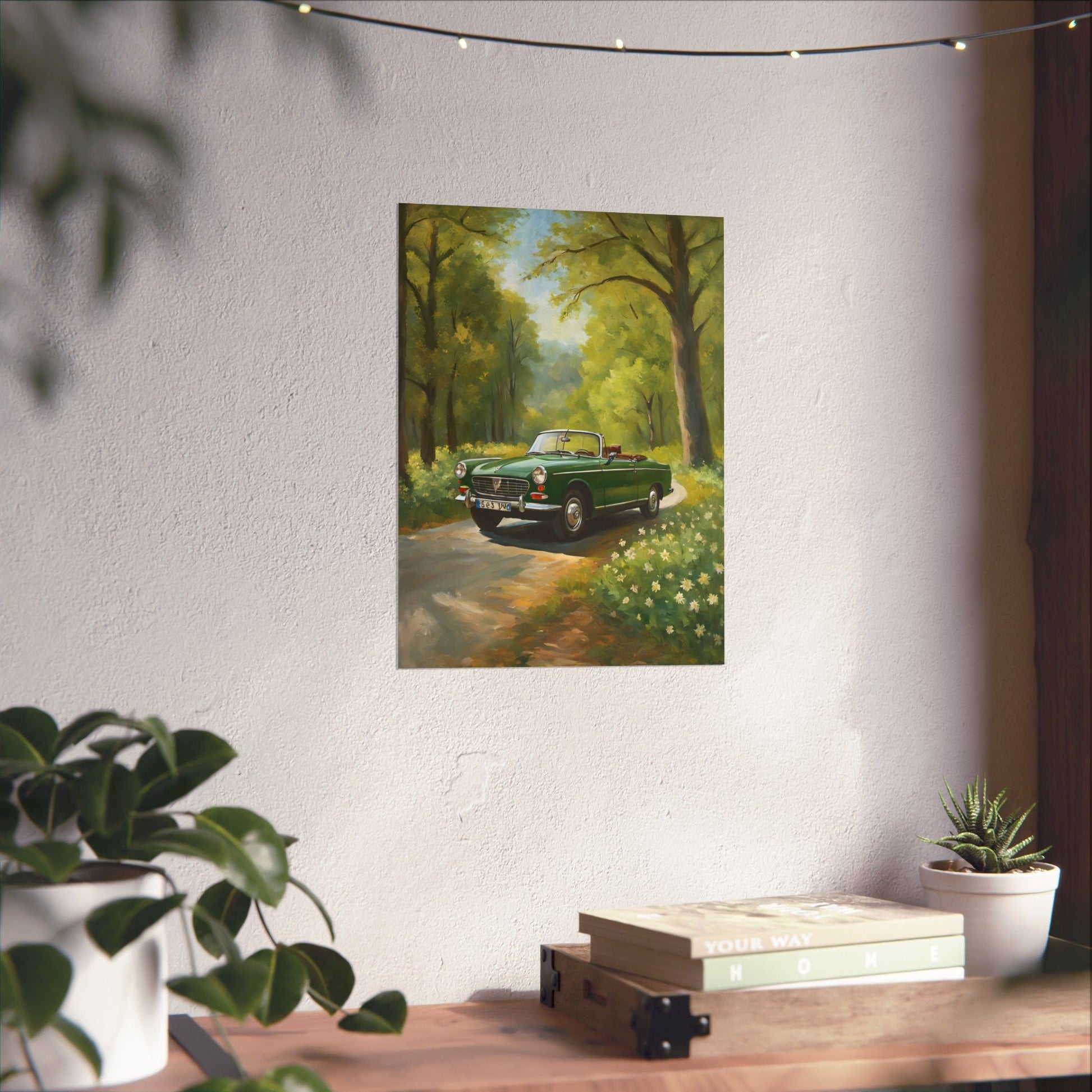 Vintage Convertible Car Art Print featuring a classic car in a scenic forest setting