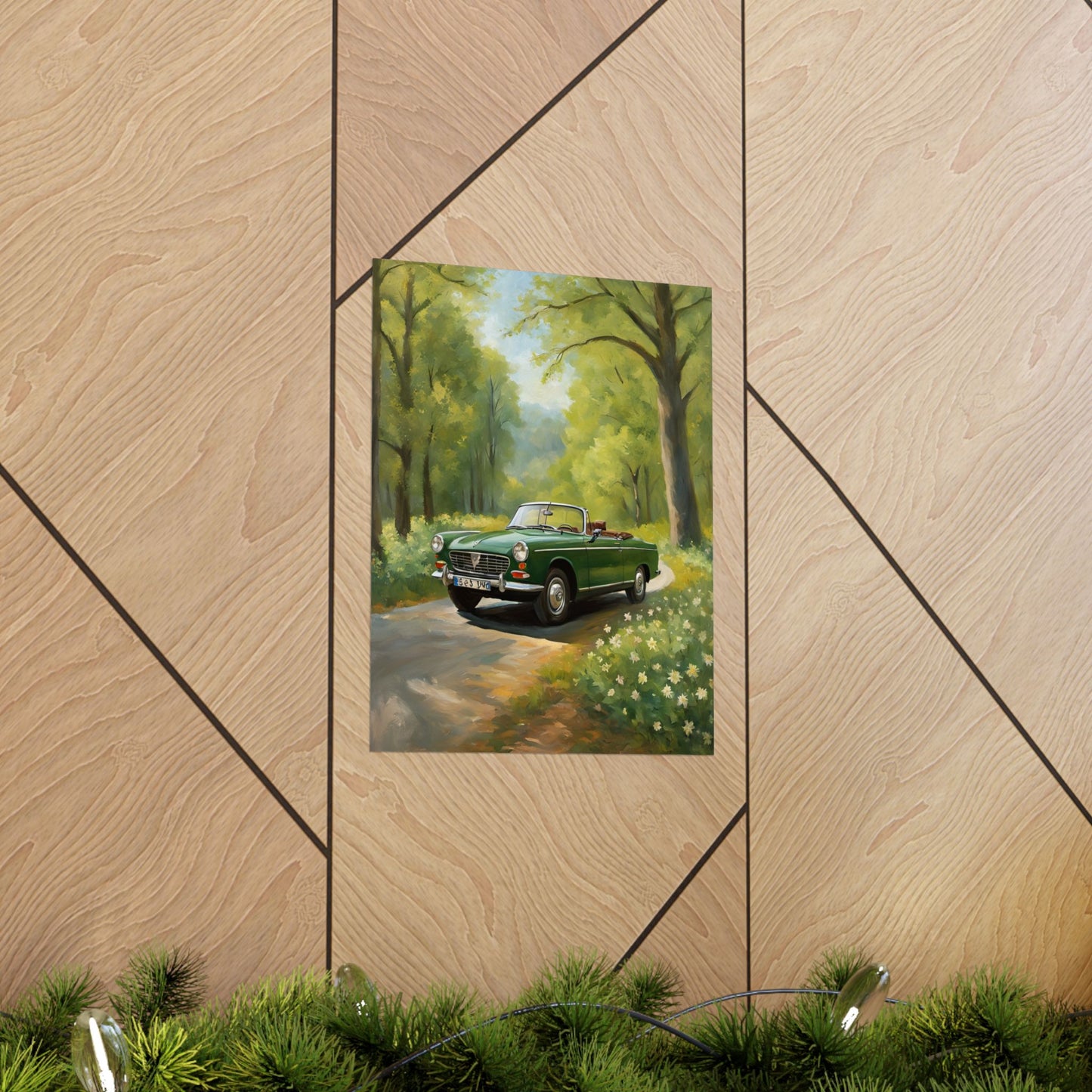 Vintage Convertible Car Art Print featuring a classic green car on a tree-lined road