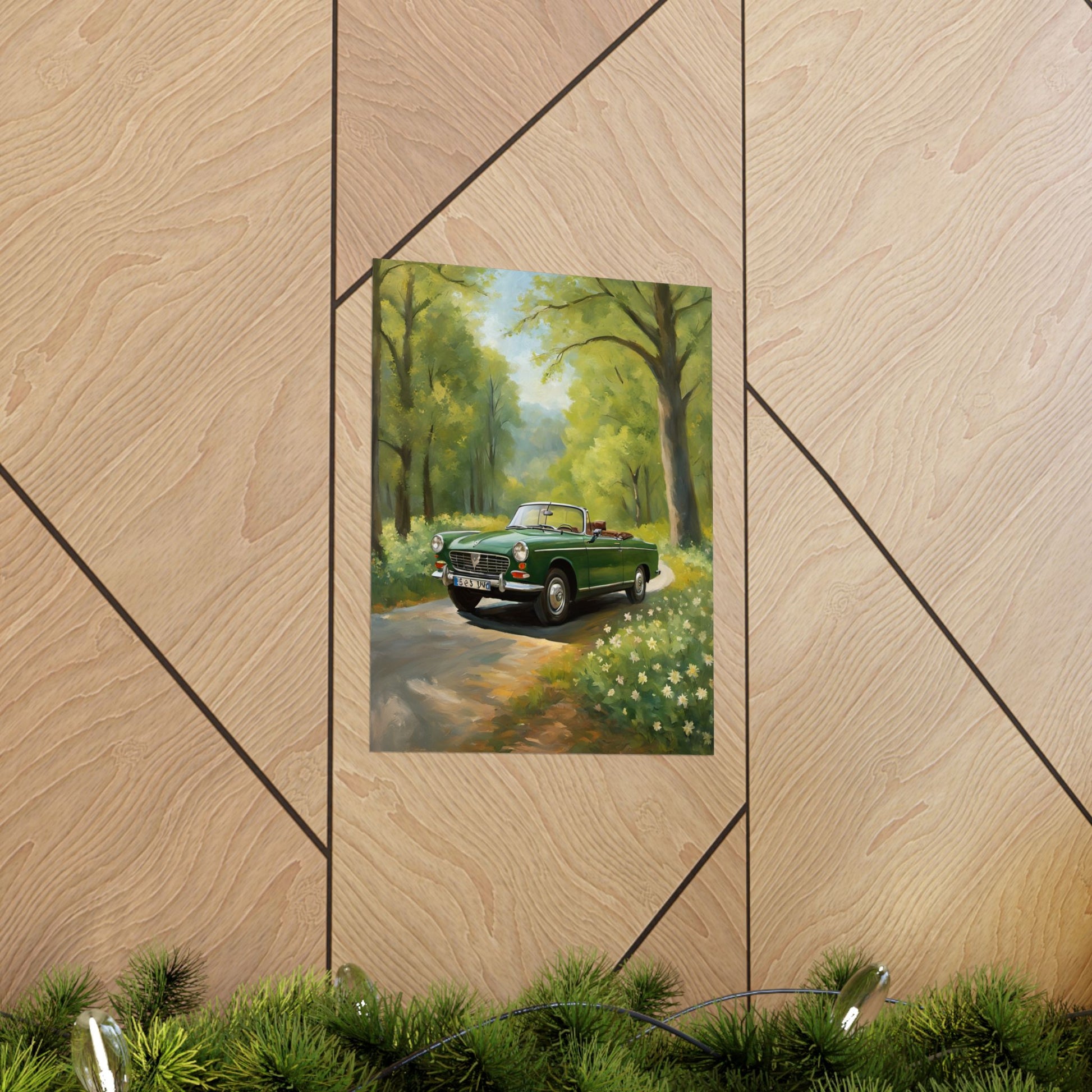 Vintage Convertible Car Art Print featuring a classic green car on a tree-lined road