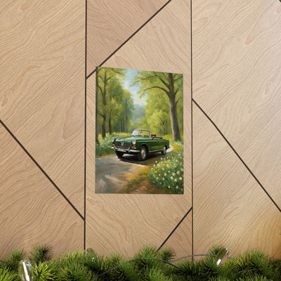 Vintage Convertible Car Art Print featuring a classic green car on a tree-lined road