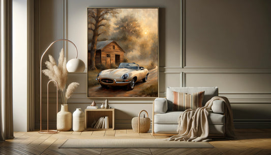 Vintage countryside oil painting featuring a classic car and rustic barn in a warm muted color palette