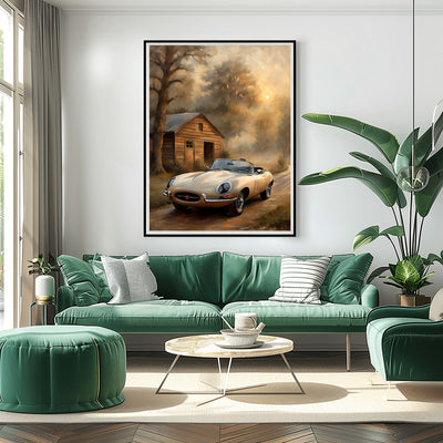 Vintage countryside oil painting of classic car near rustic cabin on wall above green sofa