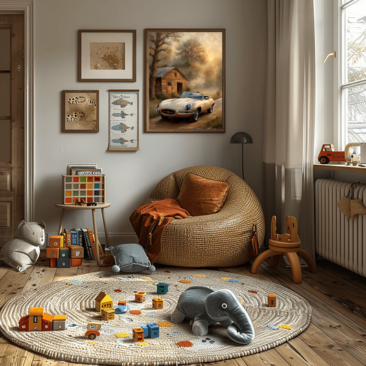 Vintage countryside oil painting by AquilVision hanging in cozy kids room with toys and wicker chair