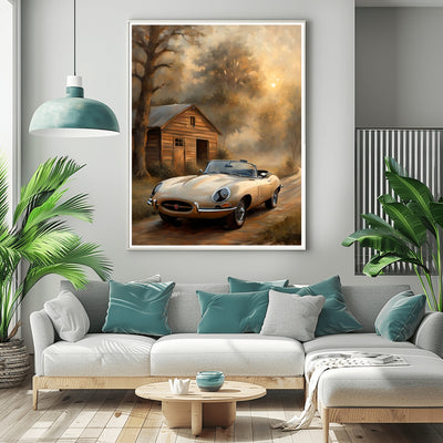 Vintage countryside oil painting by AquilVision featuring a classic car parked near a wooden cabin in a misty forest