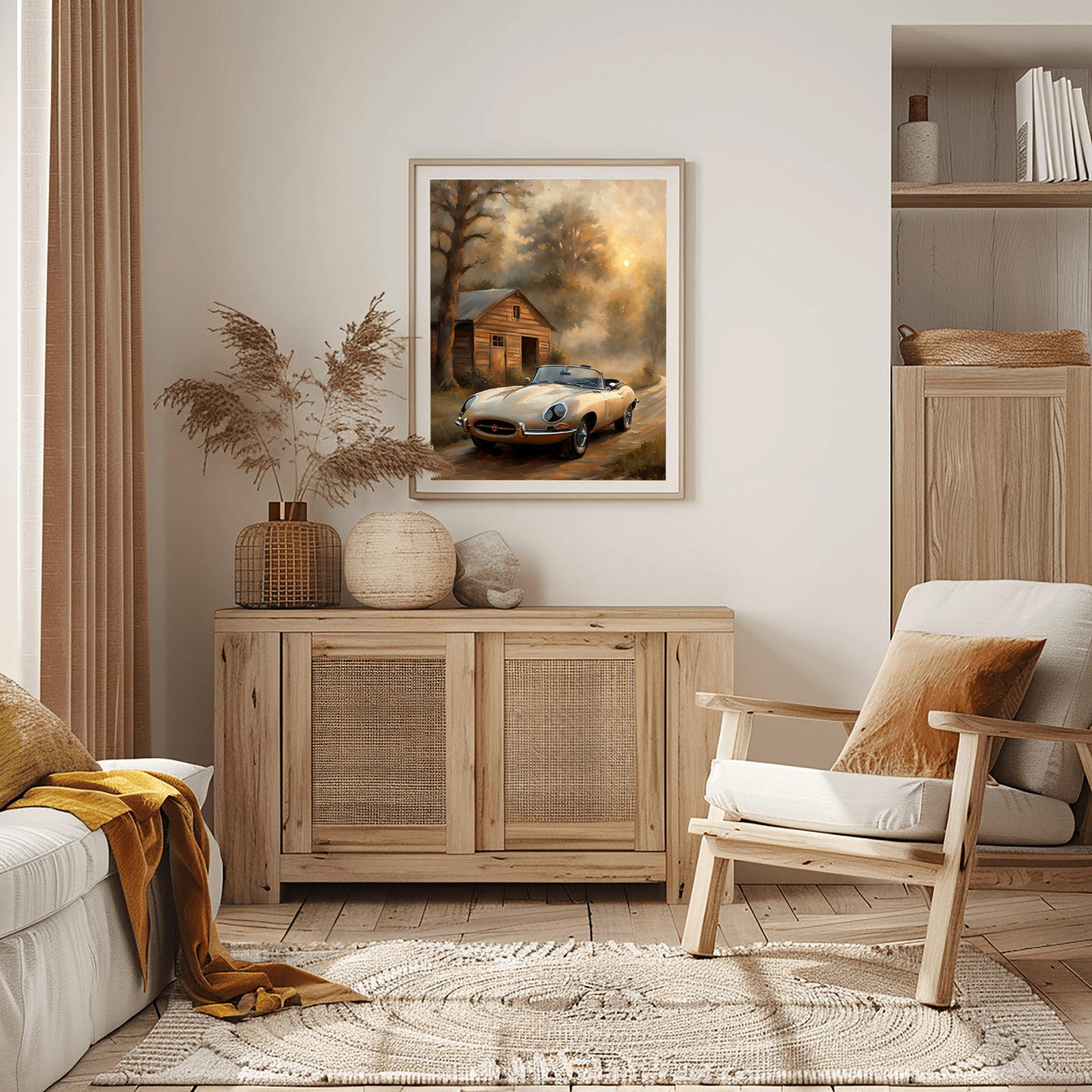 Vintage countryside oil painting digital art by AquilVision displayed in cozy living room with rustic decor and neutral tones